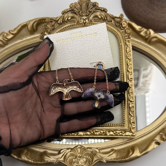 Persimmon Opal & Cubic Zirconia Bird Drop Earrings – Luxe Boho Statement - Picture 7 of 10